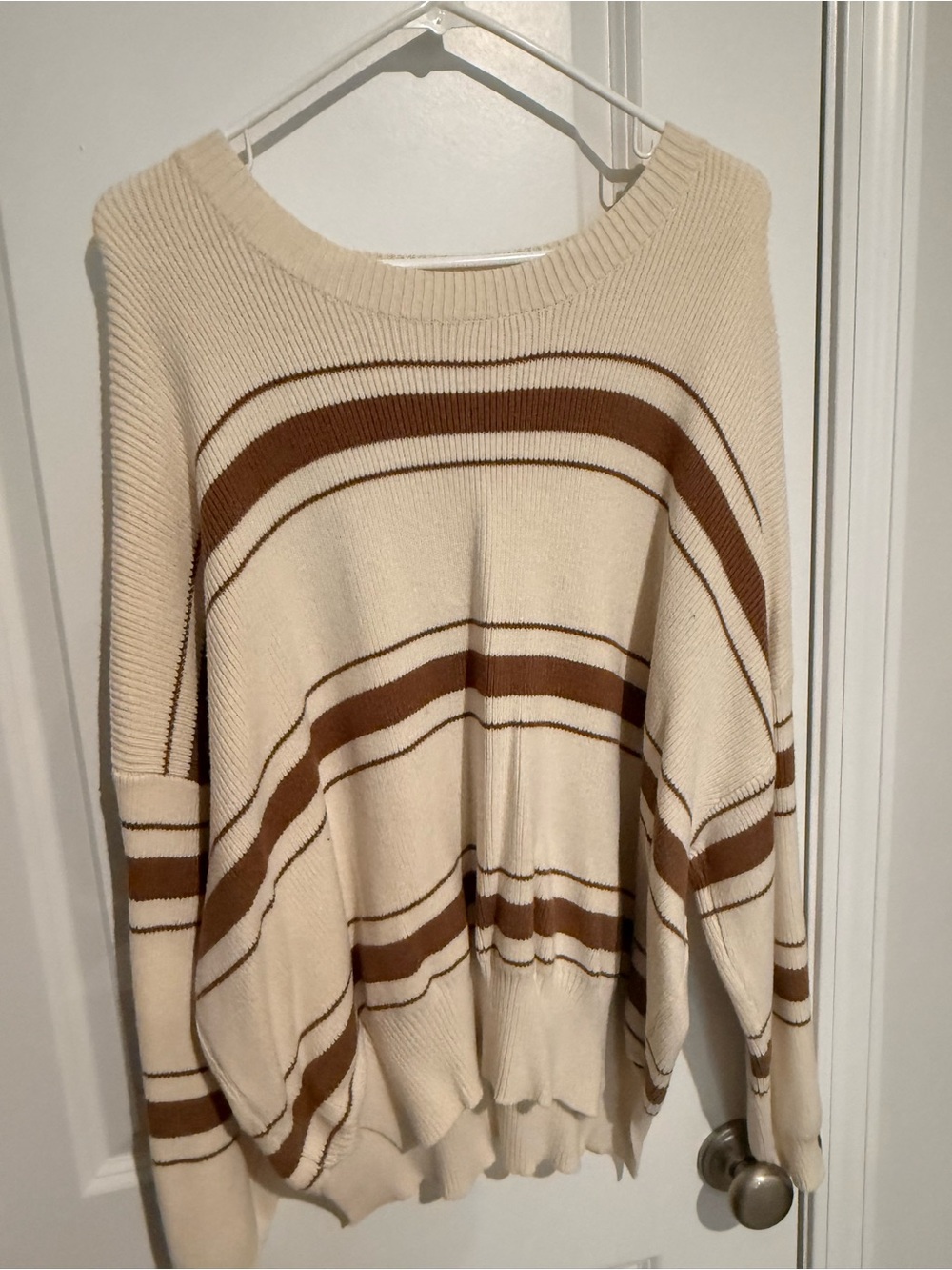 Gilli Cream and Brown Striped Crewneck Sweater